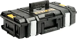 A black DEWALT tool box with metal latches, a top carrying handle, and yellow accents. The box is closed and designed for secure storage and transport of tools.