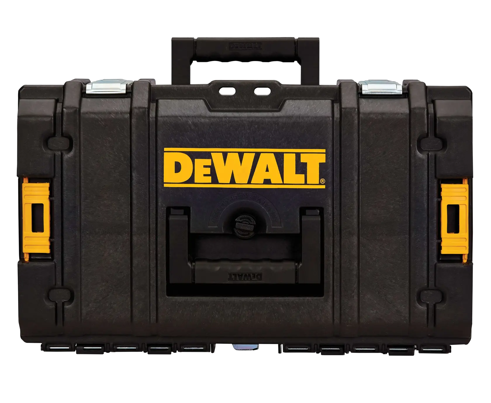 A black DEWALT hard plastic tool box with yellow accents and a central handle, viewed from the front.