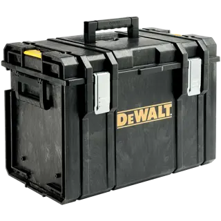A black DEWALT branded toolbox with sturdy metal latches and a handle on top, designed for secure storage and transportation of tools.