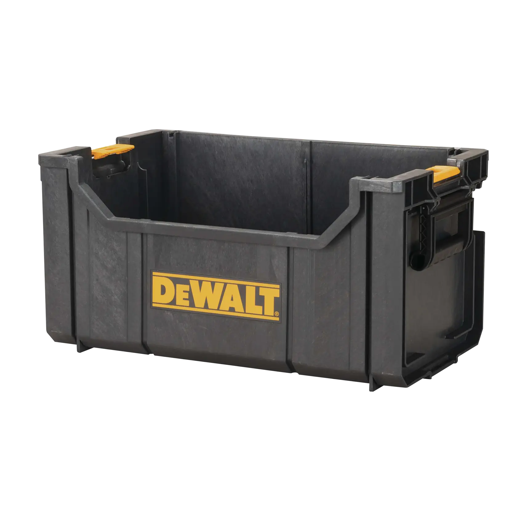 A black plastic DEWALT storage bin with yellow handles and the DEWALT logo on the front. The container is open at the top and is designed for storing tools or equipment.