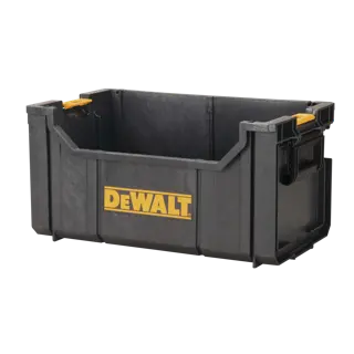A black DEWALT branded open storage box with yellow accents, designed for organizing tools or hardware.