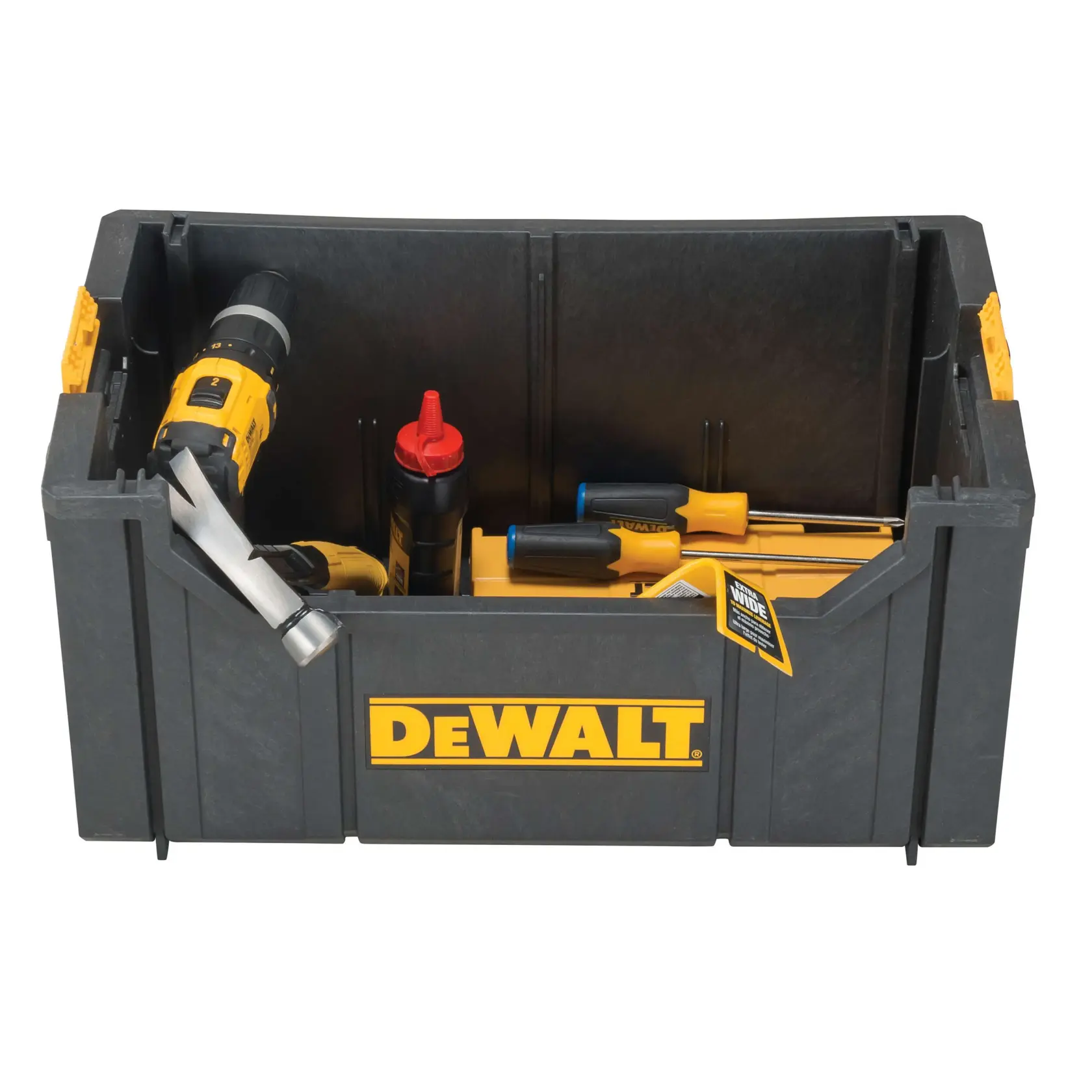 A DEWALT storage box containing various tools, including a drill, a hammer, screwdrivers, and a bottle with a red cap.