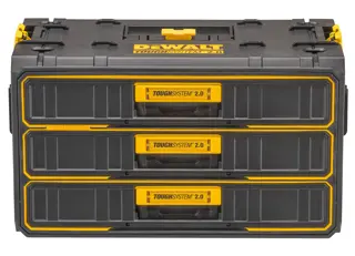 A DEWALT ToughSystem 2.0 storage box with three stacked drawers. The box is gray with yellow accents, designed for organizing and securely storing tools and accessories.