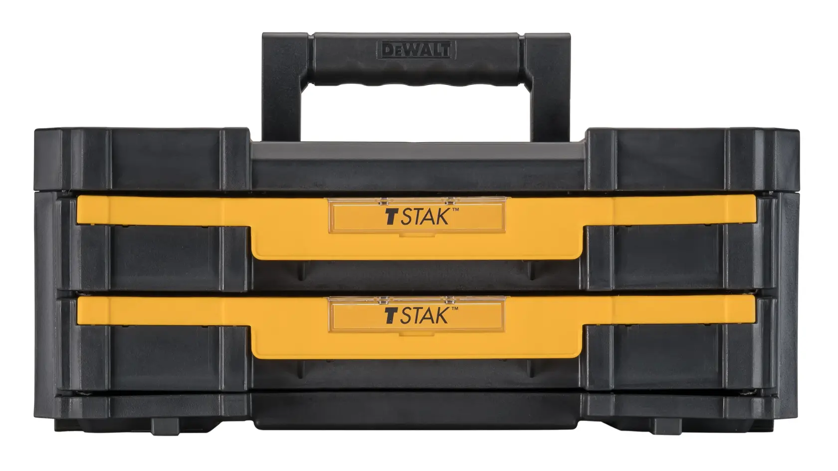 Profile of a T stak 4 double shallow drawers with carry handle out.