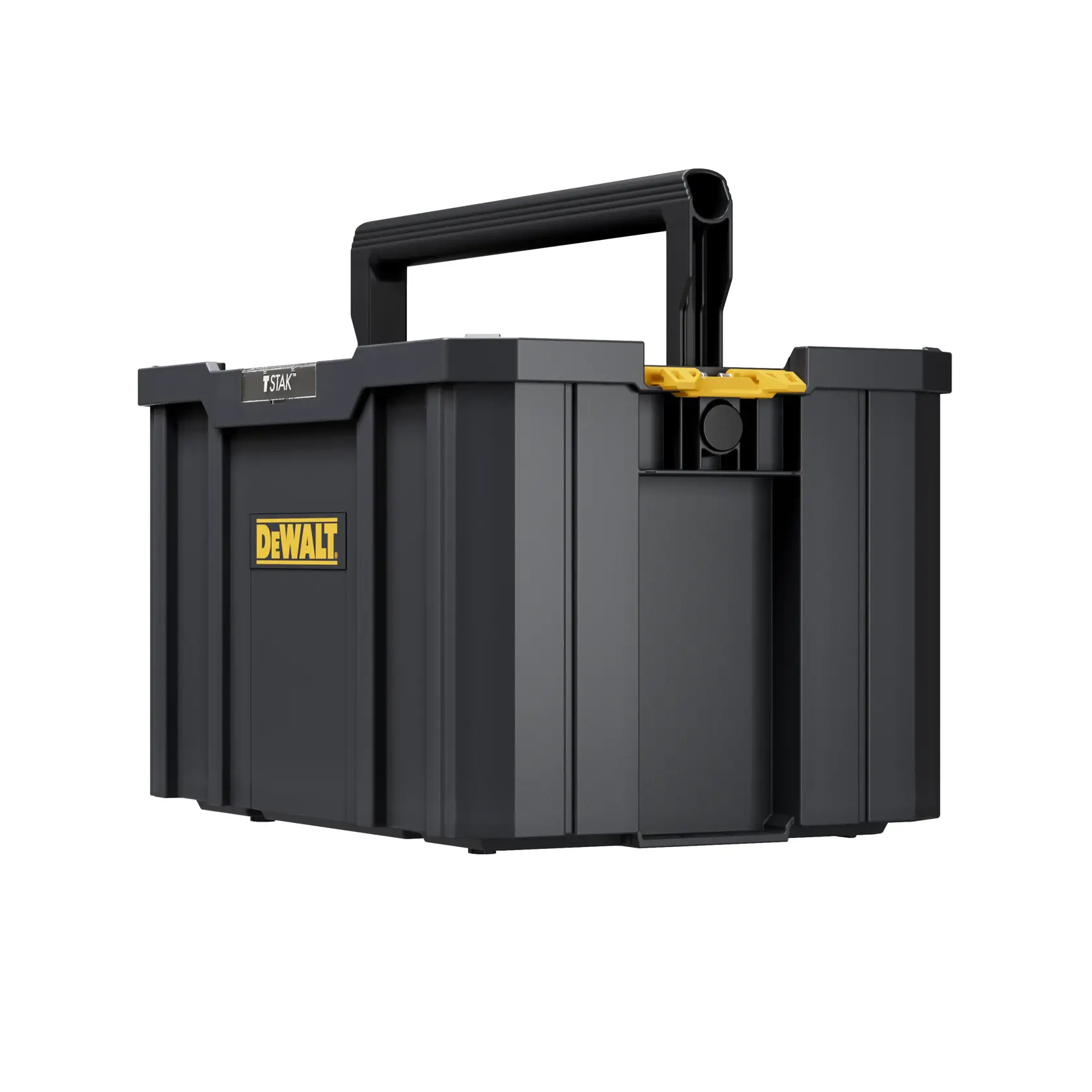 A DEWALT TSTAK black and yellow tool storage box with a sturdy handle, shown on a white background.