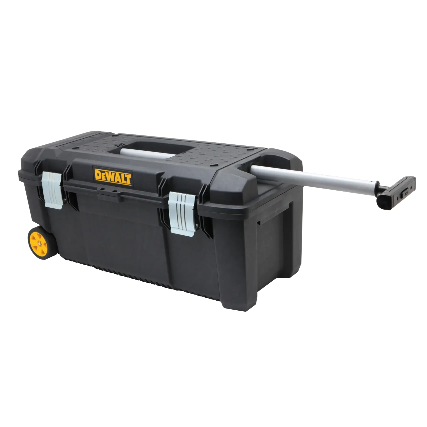 Telescopic handle of 28 inch Tool box on wheels.