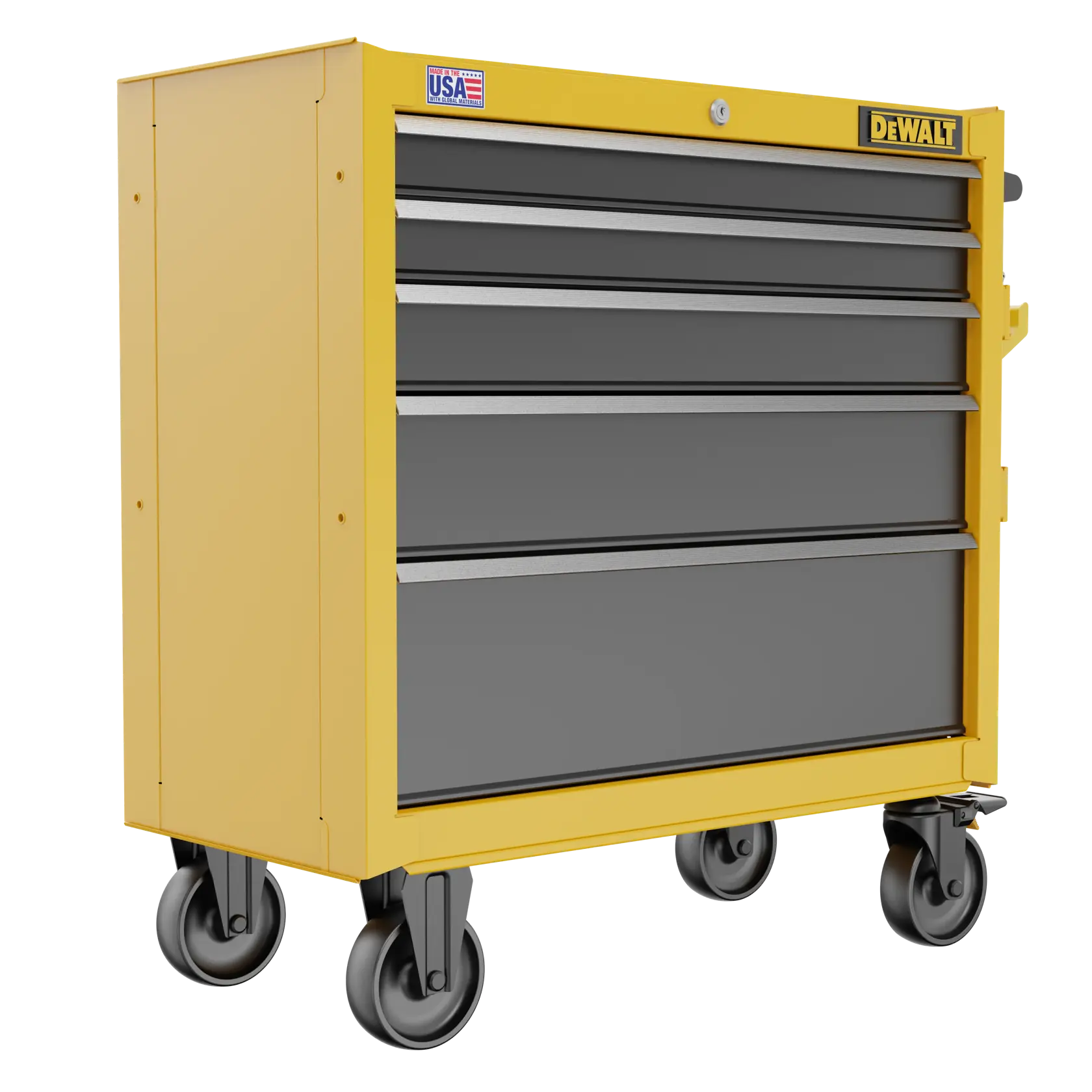 Three-Quarter View of DEWALT® 37 in. 5-Drawer Rolling Tool Cabinet on White