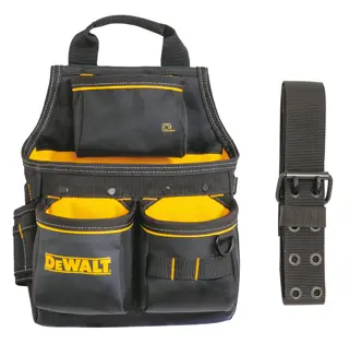 A black and yellow DEWALT tool pouch with multiple pockets and compartments, shown with a detachable adjustable belt.