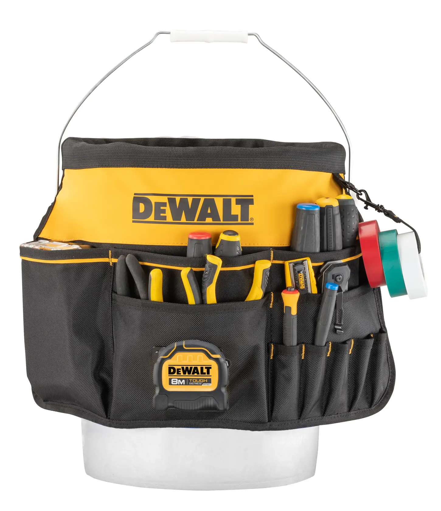 DEWALT® Bucket Tool Organizer featuring DEWALT® Hand Tools Around Bucket on White