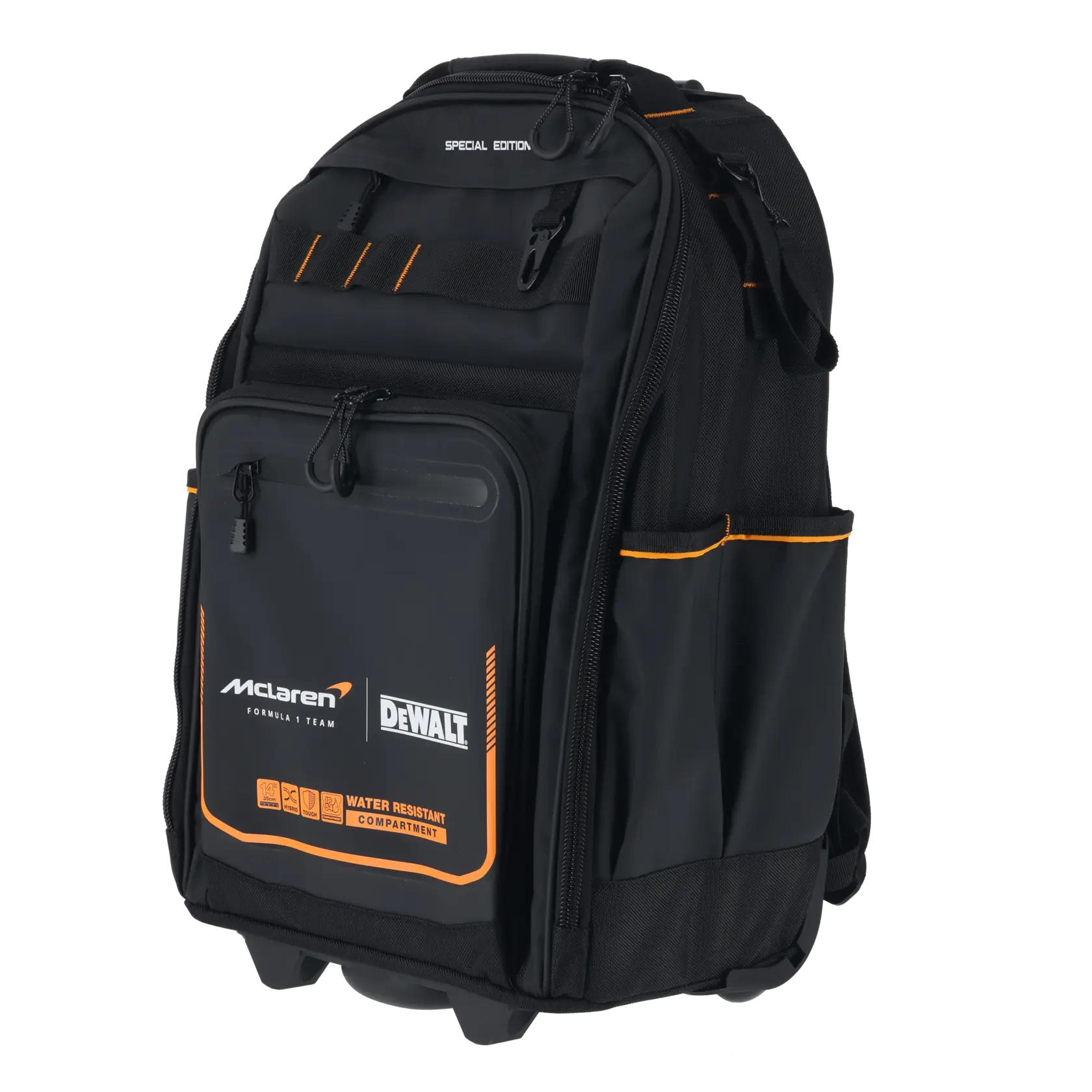 Black DEWALT McLaren backpack with orange accents and water-resistant front compartment.