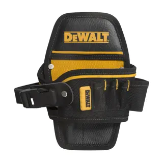 A DEWALT branded black and yellow tool holster made of durable fabric and plastic, designed to hold various tools and accessories. It features multiple pockets and a belt attachment buckle.
