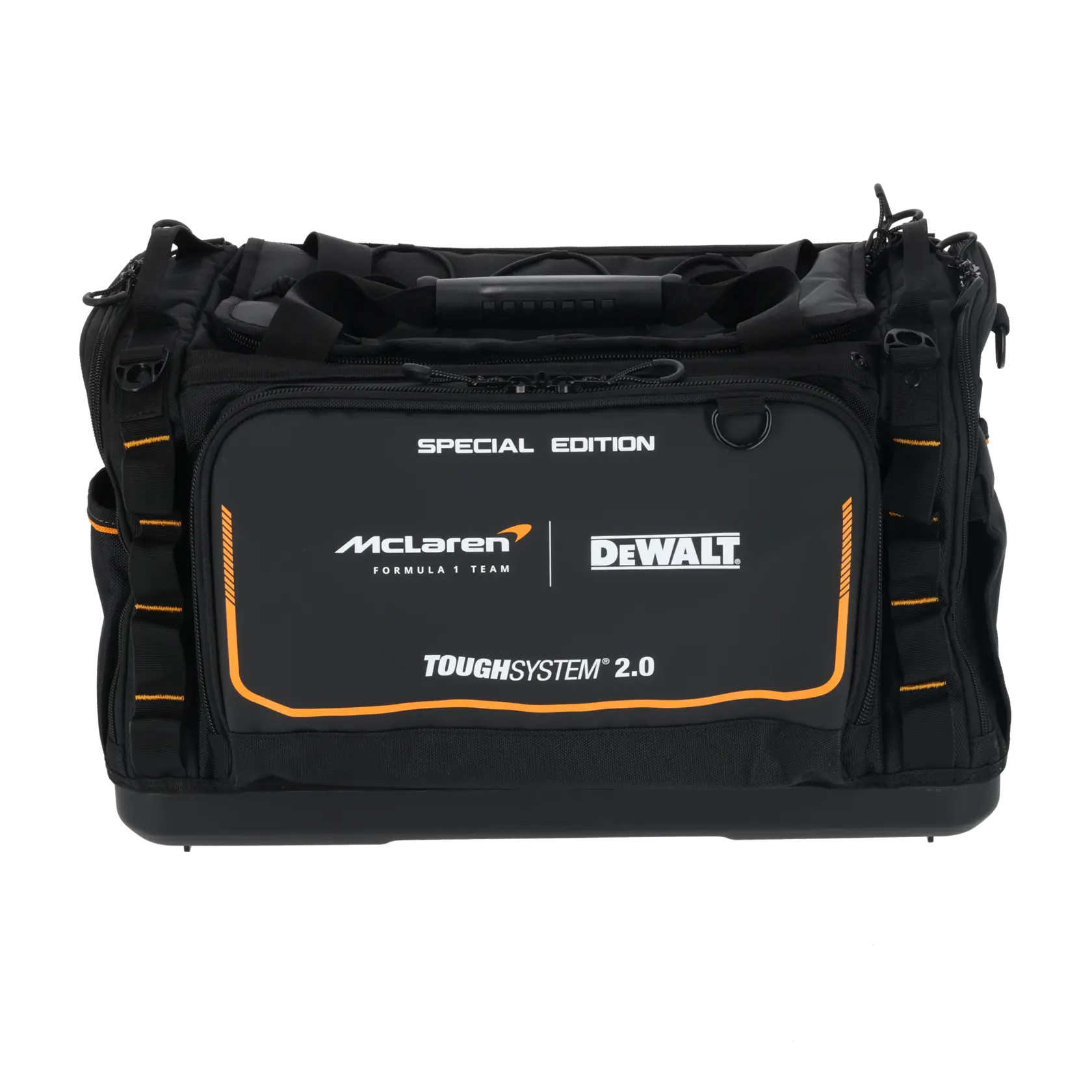 Black DEWALT and McLaren branded tool bag, ToughSystem 2.0 Special Edition, with orange accents and handle.