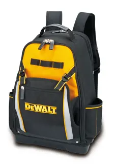A black and yellow DEWALT branded backpack with multiple compartments and pockets, suitable for carrying tools or equipment.